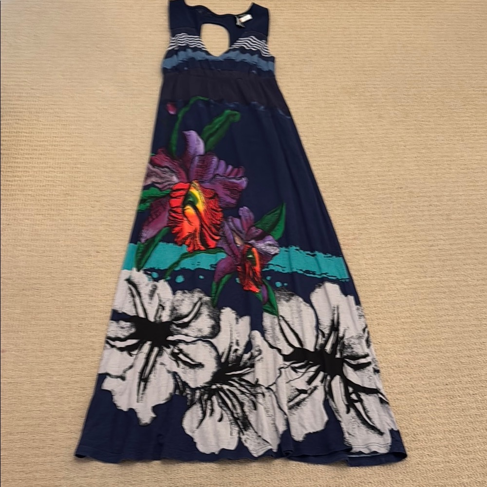 Desigual Navy Floral Maxi Dress with Teal and Purple Accents